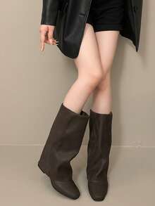 2026 New Vintage Knee-High Straight Leg Stacked Pants Boots, Maillard Style - Brown - View 2