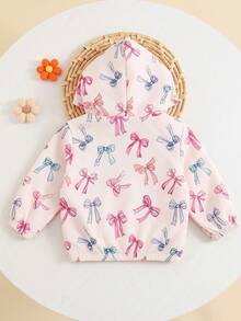 Baby Girl Autumn Thin Bowknot All-Over Print Long Sleeve Hooded Zip-Up Sweatshirt With Pockets Casual Fashion Open Front Sweatshirt Top - Baby Pink - View 2