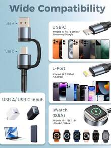 1pc 5A High-Speed 3-In-1 Universal Charging Cable, Nylon Braided Multi-Function Cable Compatible With IPhone Lightning, Android Type-C And Charging, Portable Travel Multi-Port Charging Cable - Black - View 2