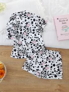 2pcs/Set Tween Girl Cute Casual Cartoon Cow Print Polo Collar Short Sleeve Cardigan And Shorts Pajama Set, Flame Retardant, Suitable For Boys And Girls - Multicolor - View 3