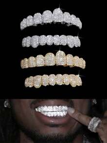 THATBOY 2pcs CZ Grillz Teeth Covers Set, 10 Teeth Coverage, Hip Hop Rapper Cosplay Shiny Punk Teeth Caps, Instant Smile Upgrade, Unisex - Multicolor - View 9