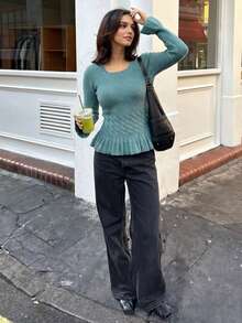 Women's Ribbed Knit Ruffle Trim Top, Square Neck Ruffle Hem Long Sleeve Sweater, With Ruffle Details, Slim Fit Cropped Length For Height Proportion, Suitable For Commute, Date, Daily Wear, Street, Coffee Shop Date, Inner Layer, Autumn/Winter Single Wear Base Layer - Mint Blue - View 3