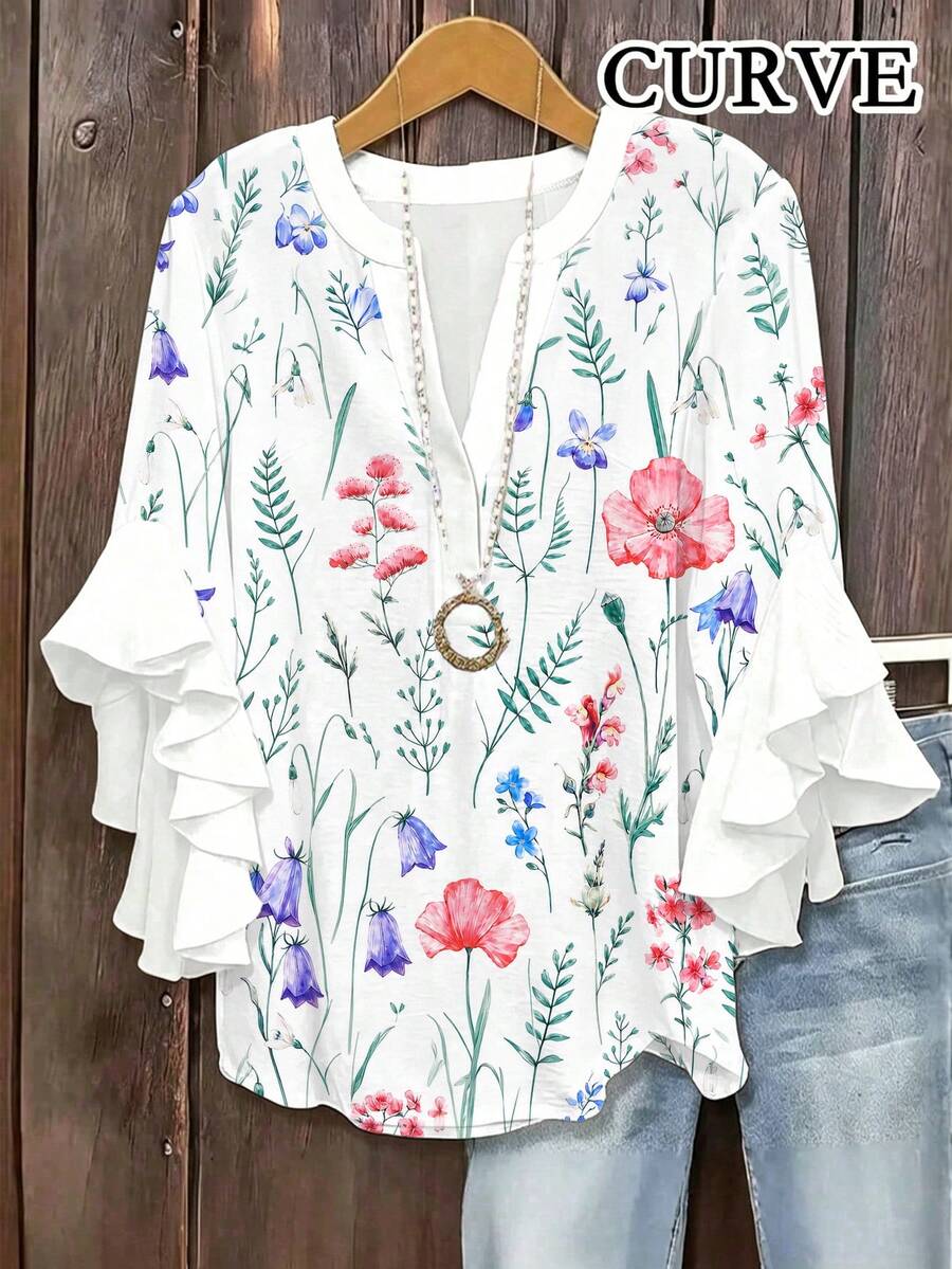 Women's Plus Size Floral Print Top, Ruffle Layered Short Sleeve, Round Neck Blouse, Bohemian Style Vacation Summer - Baby Pink - View 1
