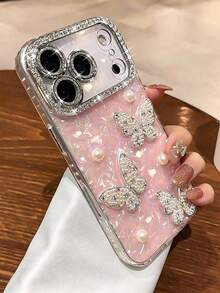 1PC 3D Pearl Butterfly Phone Case For 17 Pro Max, Super Cute New Style 16 Pro/15 New 14 Pro With Rhinestone Lens Film Full Coverage Anti-Drop 13/12 Creative Premium Protective Shell 11 - Pink - Pearl Butterfly - View 5