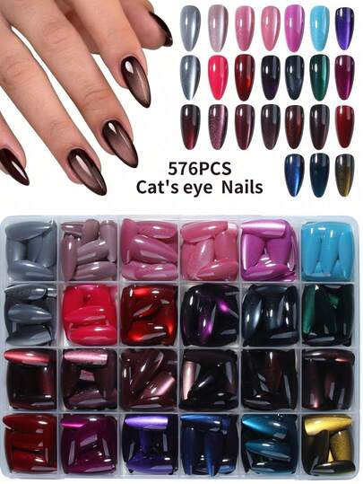 288pcs Y2K Long Almond Shaped Glossy Nail Stickers, Includes Green, Purple, Red, Blue, Rose Red Acrylic Nail Stickers, Suitable For Long Almond Shaped Nail Design