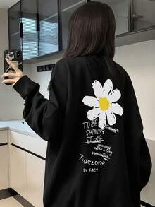女款時尚秋冬寬鬆百搭字母與花卉印花長袖T恤休閒黑色 - 黑色 - 查看 2