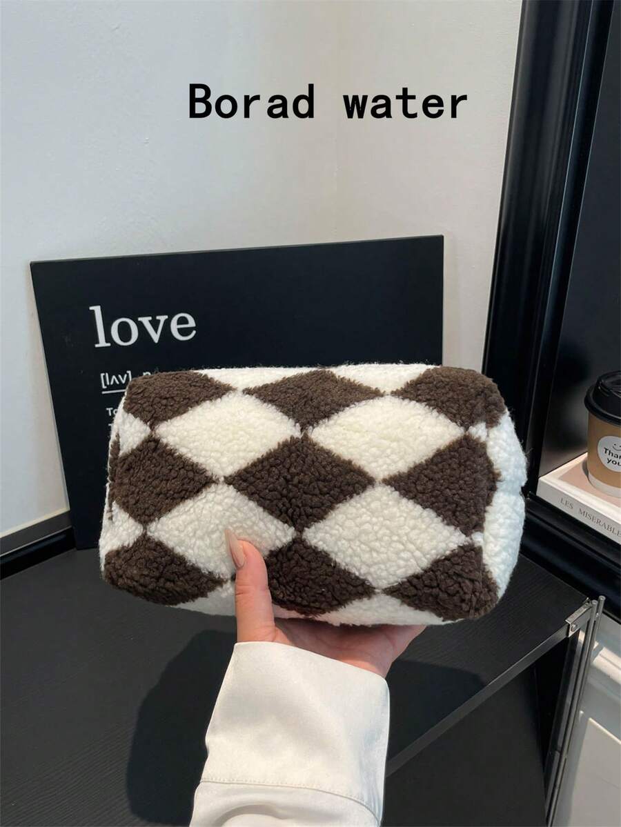 時尚多用途絎縫刺繡格紋加厚化妝包 學生鉛筆袋 波點圖案休閒手提小包 保暖羽絨款