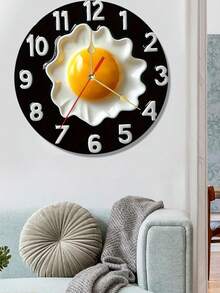 1pc 10"/12" 2D Flat Design Wooden Wall Clock, Breakfast Theme, Black Background, White Numbers & Fried Egg Illustration, Classic Kitchen Or Restaurant Decor, Multi-Functional Practical Clock - Multi-color 3 - View 5