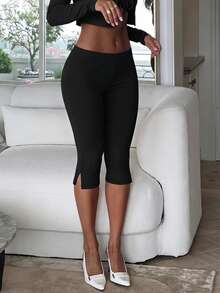 Women's Solid Color Casual Versatile Daily Wear Capri Pants Black - Black - View 2