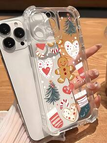 1pc Transparent Four-Corner Airbag Anti-Drop Phone Case, Christmas Atmosphere Phone Case, Transparent Base + Gingerbread Man & Christmas Socks Pattern, Raised Camera Lens, Non-Yellowing Soft Shell, Compatible With Apple 11, 12, 13, 14, 15, 16, 17 Pro Max Models, Summer Beach Style Phone Case, Suitable For Women And Girls, Compatible With Galaxy, Honor, Phones - Clear - View 3