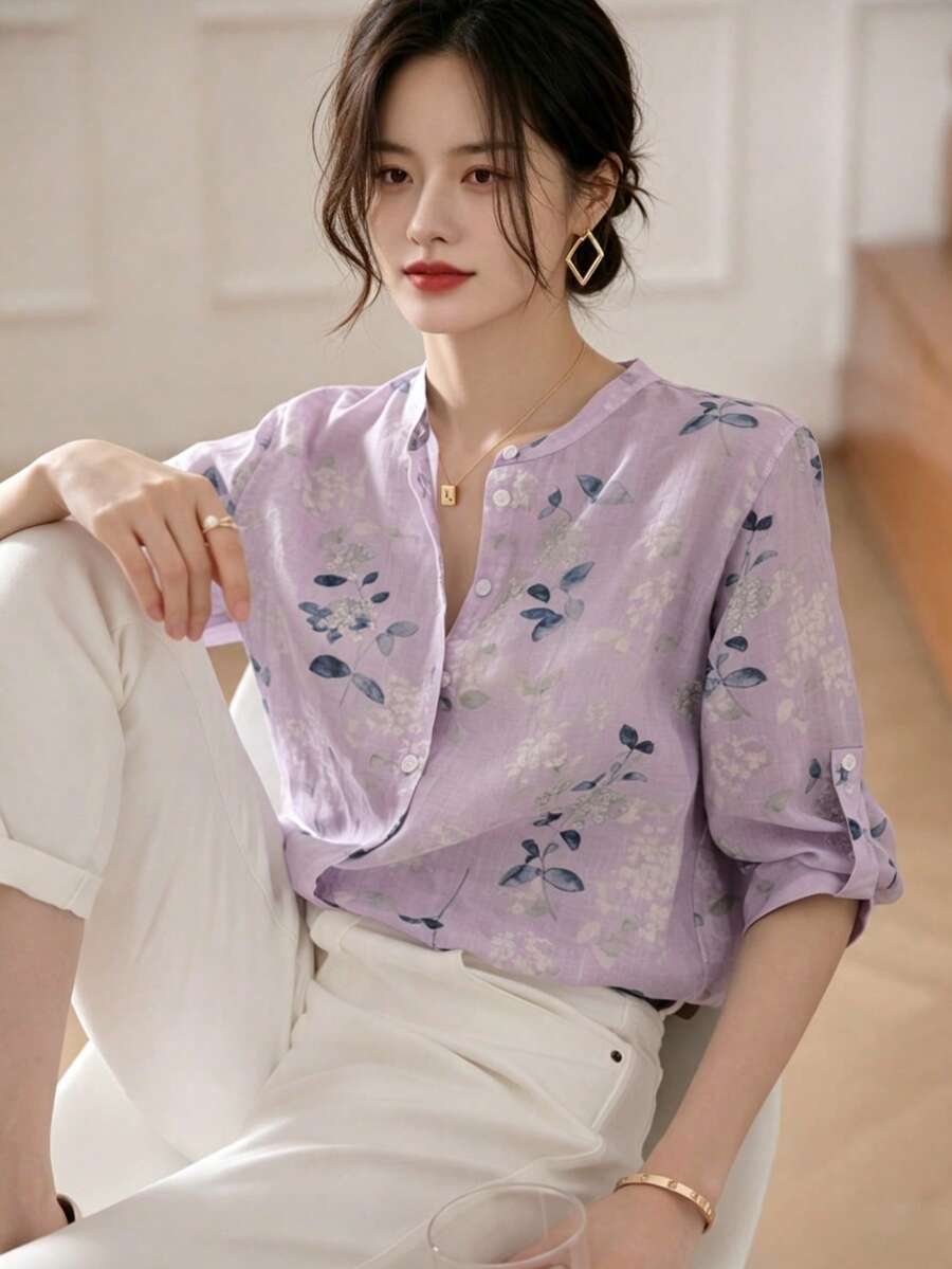 YUXIN 女款霧藍色水彩花卉印花立領七分袖上衣，捲袖口修身透氣上衣，春夏辦公度假襯衫