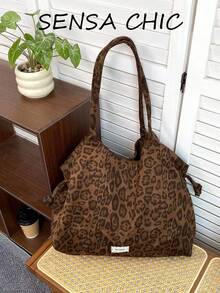 Bolso Tote de Lona de Algodón Grueso Cepillado con Estampado Integral de Leopardo Marrón Vintage, Decoración de Etiqueta de Tela con Nudo y Cordón Lateral, Gran Capacidad, Boca Abierta, Estilo Retro Americano Hot Girl, Bolso de Hombro, Bolso de Mano, Bolso de Axila, Correa Larga, Adecuado para Escuela, Desplazamientos, Viajes Cortos, Atuendo de Otoño/Invierno, Bolso Dumpling con Estampado de Leopardo de Vibra Relajada - Marrón - Ver 7