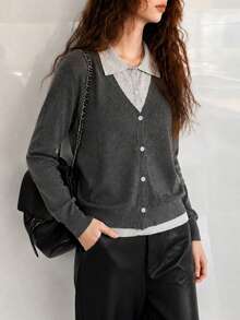 Women's Autumn Casual Minimalist 2 In 1 Lapel Cardigan Knit Sweater Fall - Grey - View 1