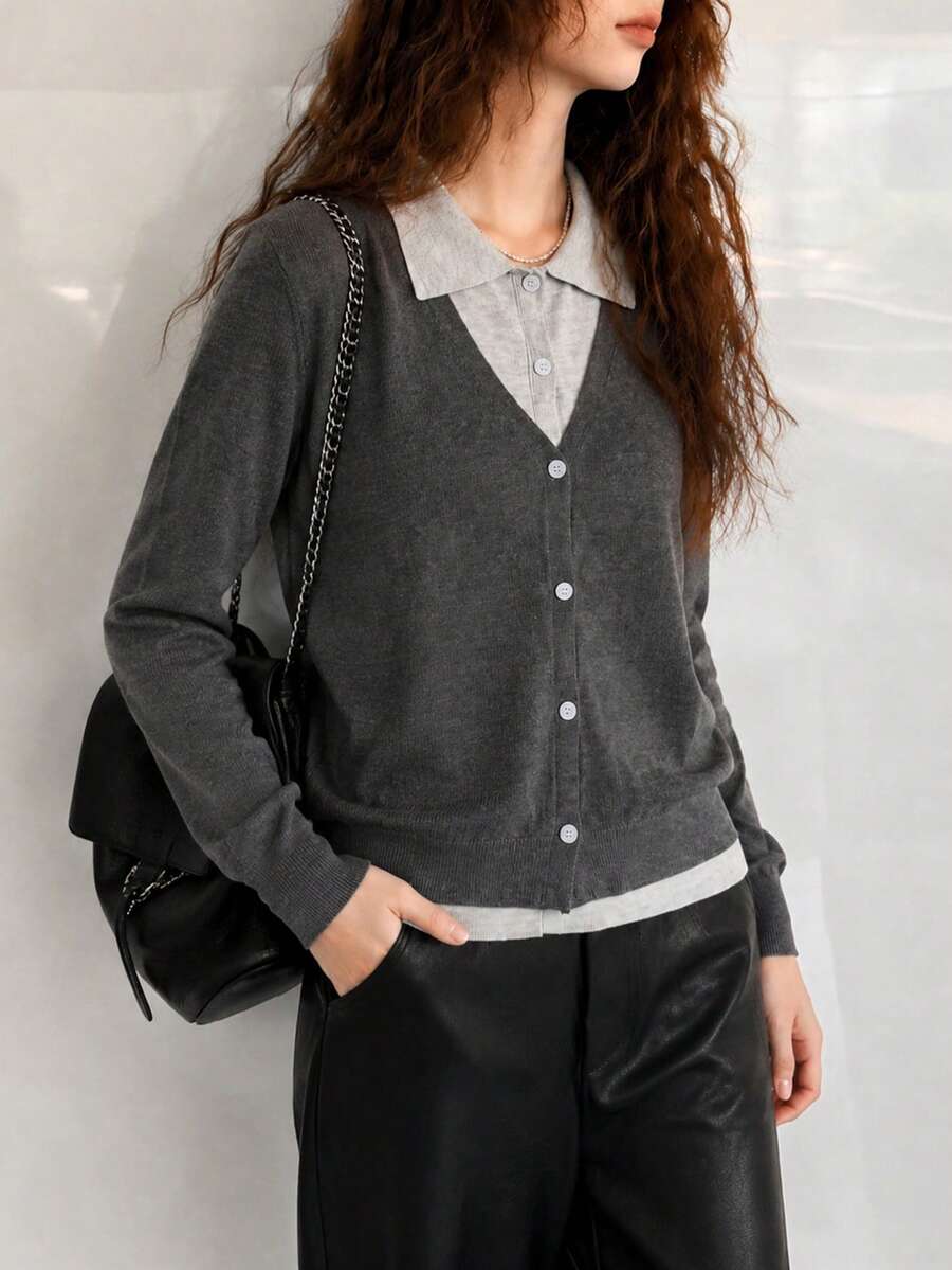 Women's Autumn Casual Minimalist 2 In 1 Lapel Cardigan Knit Sweater Fall - Grey - View 1