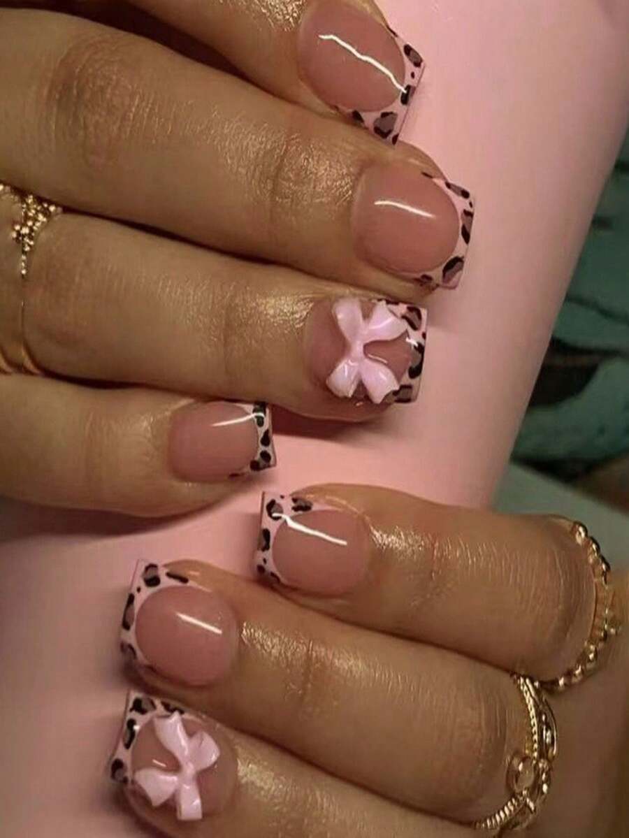 Y2K 24 Piece Set Of Short Square Press On Nail Art Pieces, Pink French Leopard Print, 3D Bow Design, Handmade, Glossy, Fully Covered, Suitable For Women And Girls To Wear Daily Nail Products - Multicolor - View 1