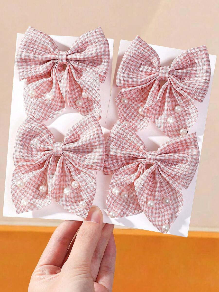 4/1pc Pink Plaid Fabric Pearl Bow Hair Clips Cute Little Princess Hair Accessories Alligator Hair Clips Non-Damaging For Daily Use - Pink - View 1