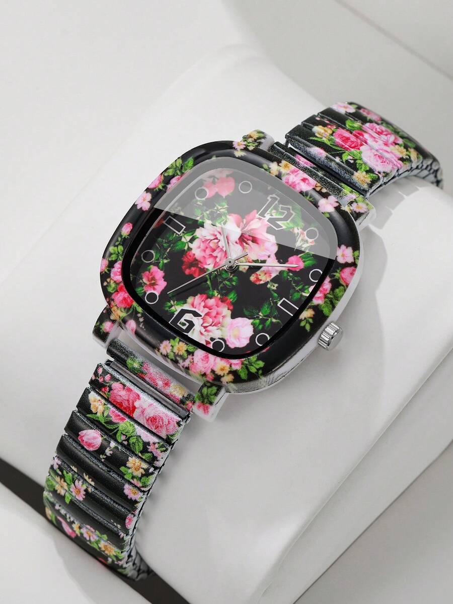Women's Square Printed Quartz Watch, Elastic Stretch Band Printed Dial Design Wristwatch, Exquisite Gift For Girlfriend (1pc/Set) Watch Box Not Included - Black - View 1