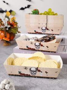 20/24/30/50/100PCS Halloween Paper Food Trays,Disposable Snack Boxes With Gothic Skull, Red Roses,Spiders And Spider Web Print On Beige, Serving Trays For Popcorn,Candy, Fries,Nachos,Hot Dogs,Cookies,Desserts, Gothic Tablescapes And Halloween Buffets - Multicolor - View 2