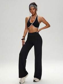Women's Foldable High Waist Wide Leg Yoga Pants, Tummy Control & Butt Lifting, Soft 4-Way Stretch, Flowy Non-See-Through Fitness Sports Long Pants - Black - View 8