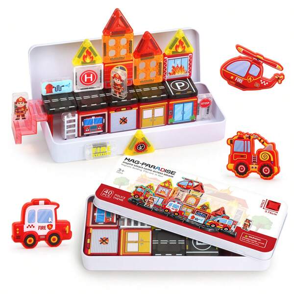 Mini Magnetic Tiles Colorful Window Traffic Engineering Fire Theme Children's Educational Building Blocks Toy, Travel Portable Mini Magnetic Tiles Fire Combination Educational Assembly Blocks For Boys And Girls