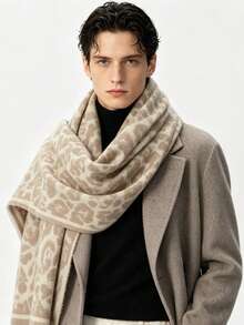 Autumn/Winter Vintage Intellectual Leopard Print Jacquard Scarf For Men, Dandy Gentleman Shawl, Suit Coat Layering Accessory, Holiday Gift, Warm Thick Cold-Proof Scarf For Boys - Beige - View 7