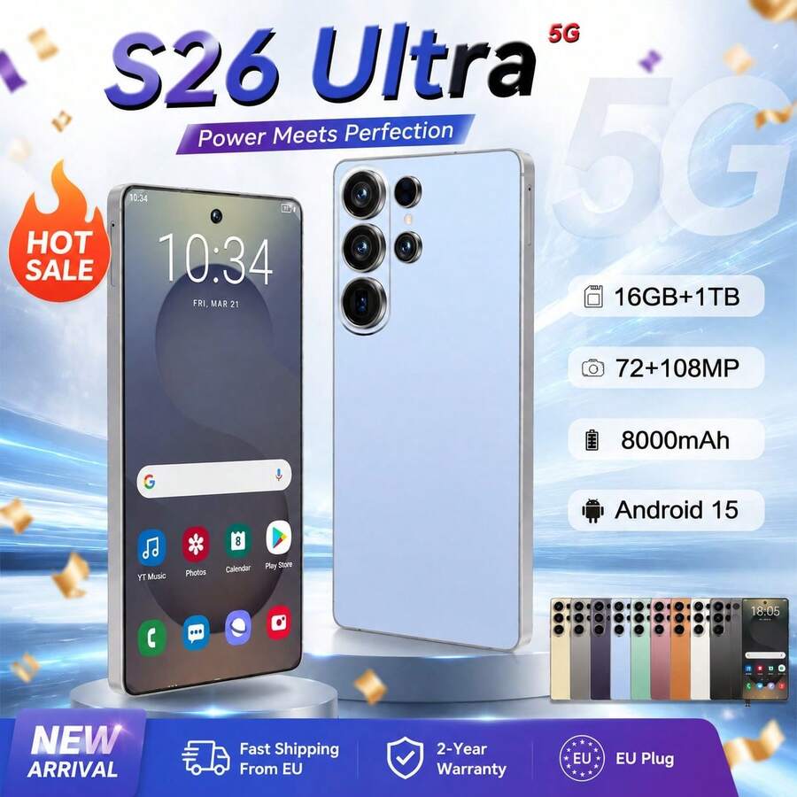 S26 Ultra Smartphone Unlocked, Android 15, 5G Dual SIM, 6.9" Display, 16GB RAM + 1TB Storage, GPS Navigation, Fingerprint Unlock