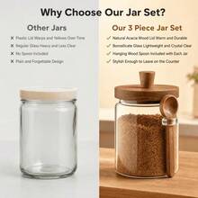 3 Pcs Multi-Size High Borosilicate Glass Spice Jars Set, Airtight Seasoning Containers With Wooden Lids & Unique Side Spoon Holder, Moisture-Proof Storage Canisters For Sugar, Coffee & Salt - Clear - View 5