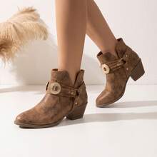 Light Brown Embroidered Western Style Ankle Boots With Strap Buckle, Convertible Detachable Design, Chunky Mid Heel, Round Toe, Comfortable Versatile Elegant Street Fashion Office Commute Daily All-Season Low-Top Boots - Brown - View 2