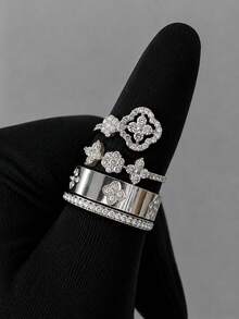 1/3pcs Fashion Elegant Luxury 18K Gold Plated Stainless Steel Four-Leaf Clover Hoop Ring, Paired With Copper 16K Gold Plated Starry Four-Leaf Clover Round Ring Set, Suitable For Women's Daily Wear, Anniversary Gift, Wedding, Birthday, Perfect Choice For Girlfriend And Mother - Silver - View 12