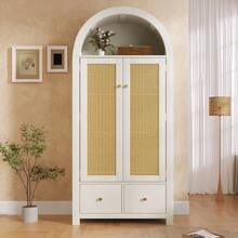 Wardrobe 181x78x45 Cm With Rattan Weave, Country Style In Oak Finish, Open Semi-Circular Shelf, 2 Doors With Magnetic Closure, 2 Drawers, Clothes Rail And Tip-Over Protection - 白色 - 查看 4