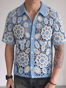 Men's Unisex Polo Collar Knitted Cardigan, Daily Vacation Casual Hand-Crocheted Hollow Out Loose Short Sleeve Top, Spring/Summer - Blue - View 3