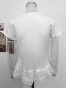 Women's Lace Patchwork Embroidered Trim Round Neck Short Sleeve T-Shirt, Summer Versatile Slimming Top - White - View 8