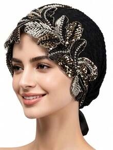 1pc Lace Beaded Muslim Hijab, Fashionable & Versatile, Premium Handmade, Breathable & Comfortable, Suitable For Various Occasions - Feather - View 7