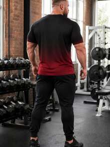 Plus Size Men's Short Sleeve Sports T-Shirt, Gradient Design, Breathable Athletic Fashion, Moisture-Wicking Gym Top - Redwood - View 2