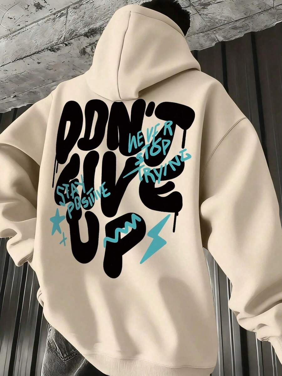 YUNTUO 美式街頭塗鴉風 Don't Give Up 勵志標語大圖案印花保暖加厚內裡連帽衛衣,寬鬆嘻哈休閒通勤百搭長袖上衣,適合青少年 - 卡其色 - 查看 1