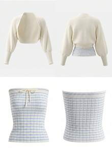 Korean Style Contrast Stripe Bandeau Top & Knitted Cardigan 2pcs Set, Slim Fit Flattering Top Outfit For Women, Autumn/Winter - White - View 9