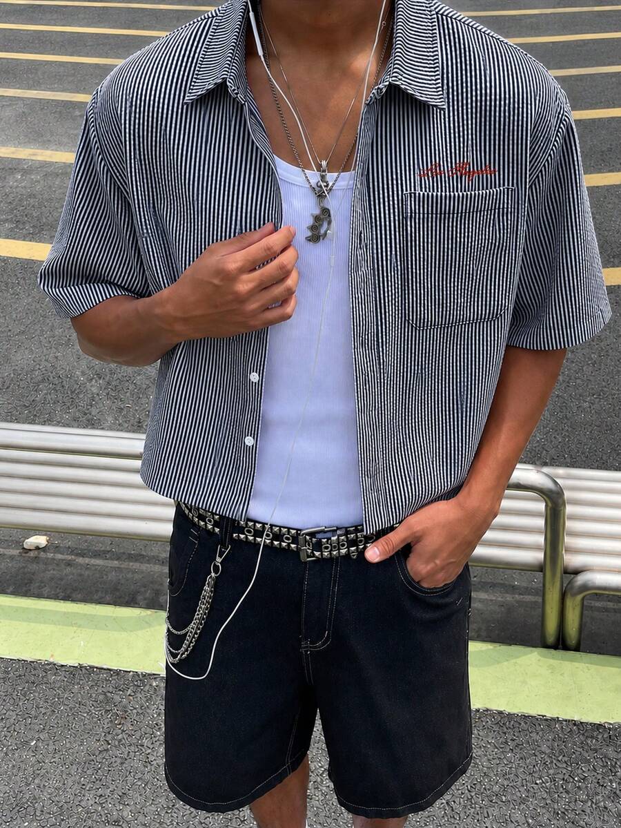 男士夏季休閒純色印花短袖襯衫,度假海灘熱帶風襯衫,日常穿著,法式優雅浪漫,父親節禮物 - 藏蓝色 - 查看 1