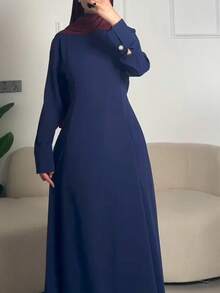 Women's Elegant Casual Round Neck Long Sleeve Minimalist Split Long Robe/Dress 2-In-1 (Zipper Adjustable Split) Solid Color Back Tie Zipper For Daily Wear And Dating - Royal Blue - View 5