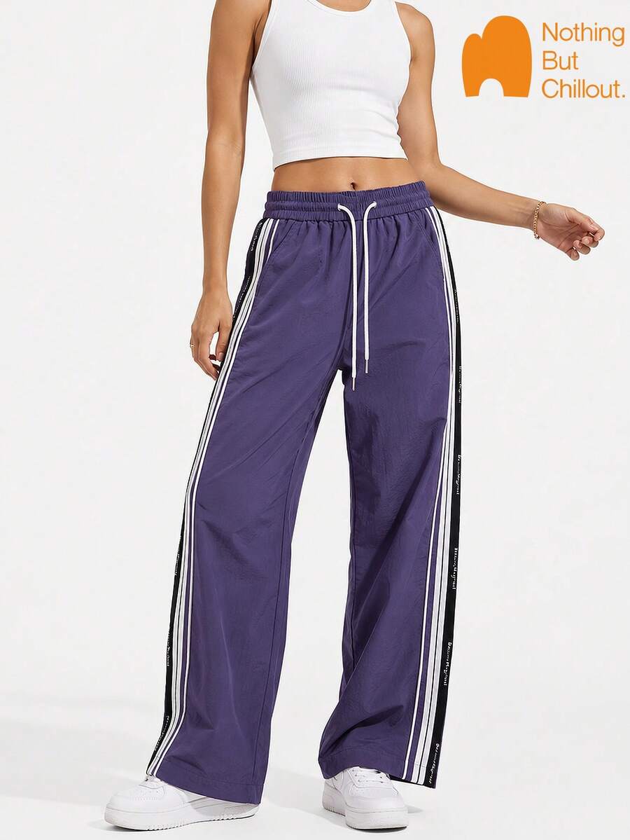 NBCT Women's Striped Elastic Drawstring Straight Leg Outdoor Hiking Trekking Running Casual Walking Functional Long Pants - Purple - View 1