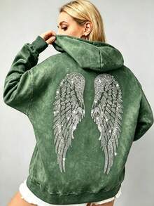 Women's Oversized Angel Wings Print Hoodie - Black Y2K Back Graphic Pullover,  Fall Winter  Streetwear , Comfy Oversized Silhouette2026 - 綠色1 - 查看 1