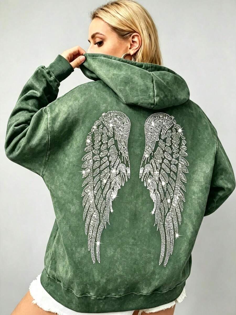 Women's Oversized Angel Wings Print Hoodie - Black Y2K Back Graphic Pullover, Fall Winter Streetwear , Comfy Oversized Silhouette2026 - 綠色1 - 查看 1