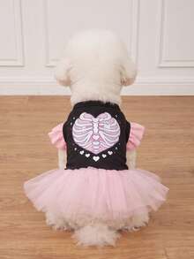 LUCKIE LABO 1pc Halloween Heart Skeleton Cap Sleeve Funny Pattern Pet Tutu, Physical Flea Prevention, Reduces Shedding, Heat Insulation & Breathable, Suitable For Small And Large Dogs And Cats, Indoor And Outdoor - Multicolor - View 2