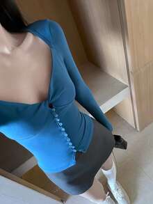 Designer Long Sleeve T-Shirt Women Autumn Sexy Style Sexy Slim Fit Top - Blue - View 3