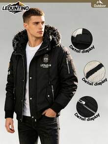 LEDUNTINO Chaqueta/Abrigo de hombre para otoño e invierno con forro de felpa grueso, con capucha, múltiples bolsillos, bordado de letras con icono, totalmente forrado de felpa - Negro - Ver 2