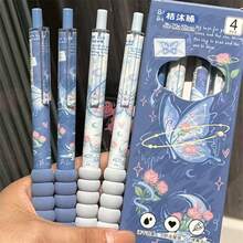 4支裝 蝴蝶浪漫玫瑰系列 軟刷頭 INS風 ST頭 黑色快乾中性筆，適合青少年 - 玫瑰中性筆 - 查看 3