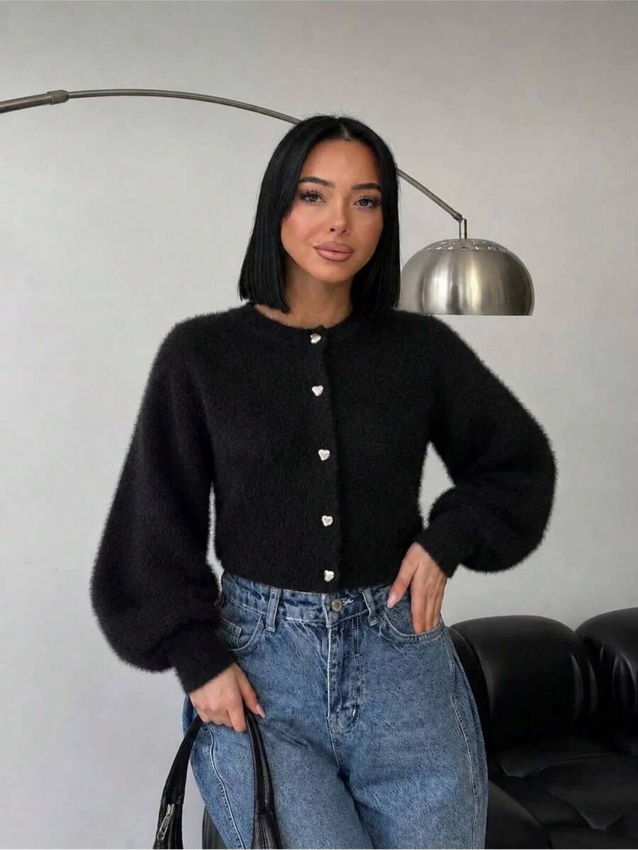 Women's Crop Balloon Sleeve Beard Cardigan - Black - View 1