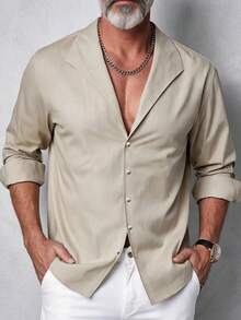 GOLDREDY Summer Thin Old Money Style Lapel Shirt Men's Slouchy Solid Color Loose Long Sleeve Casual Cardigan Top - Apricot - View 2