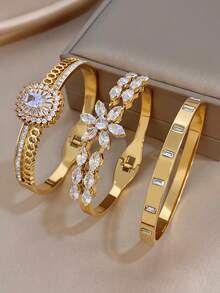 1Pc/Set Luxury Elegant Floral Geometry Diamond Stainless Steel Bangle Bracelet For Women,Party,Daily,Christmas,Birthday Gift/Wedding/Halloween - Multicolor - View 9