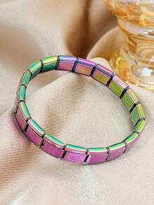 Colors Stainless Steel Square Link Bracelet, 18K Gold Plated Waterproof Stackable Chain Wrist Jewelry For Ladies - Multicolor - View 17
