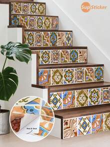 SUPSTICKER 1 Roll 4pcs Bohemian Geometric Floral Tile Stair Tread Stickers, PVC Self-Adhesive Waterproof Oil-Proof, 6/6.5/7/7.5/8x47.24 Inches, Suitable For Stairs, Kitchen Walls - 4PC - View 7
